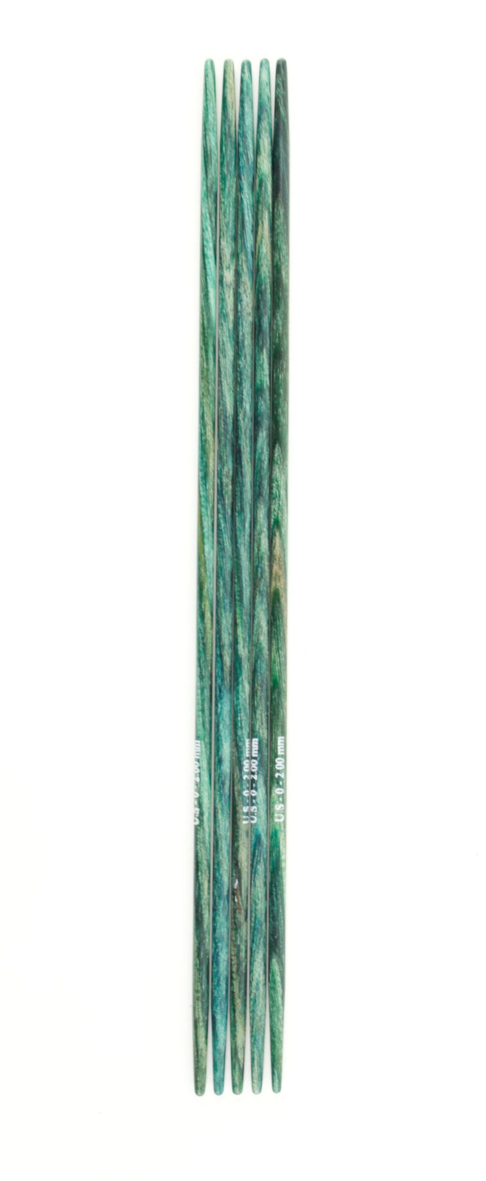 Five green and blue Dreamz Double Point Knitting Needles by Accessories Unlimited, made of laminated birch, arranged parallel to each other on a white background.