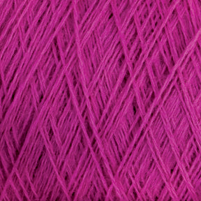 Close-up image of tightly wound JaggerSpun Maine Line 3/8 Yarn | Mini-cone from Jagger Brothers, Inc., in magenta, showcasing intricate, overlapping fibers that create a textured and detailed pattern.