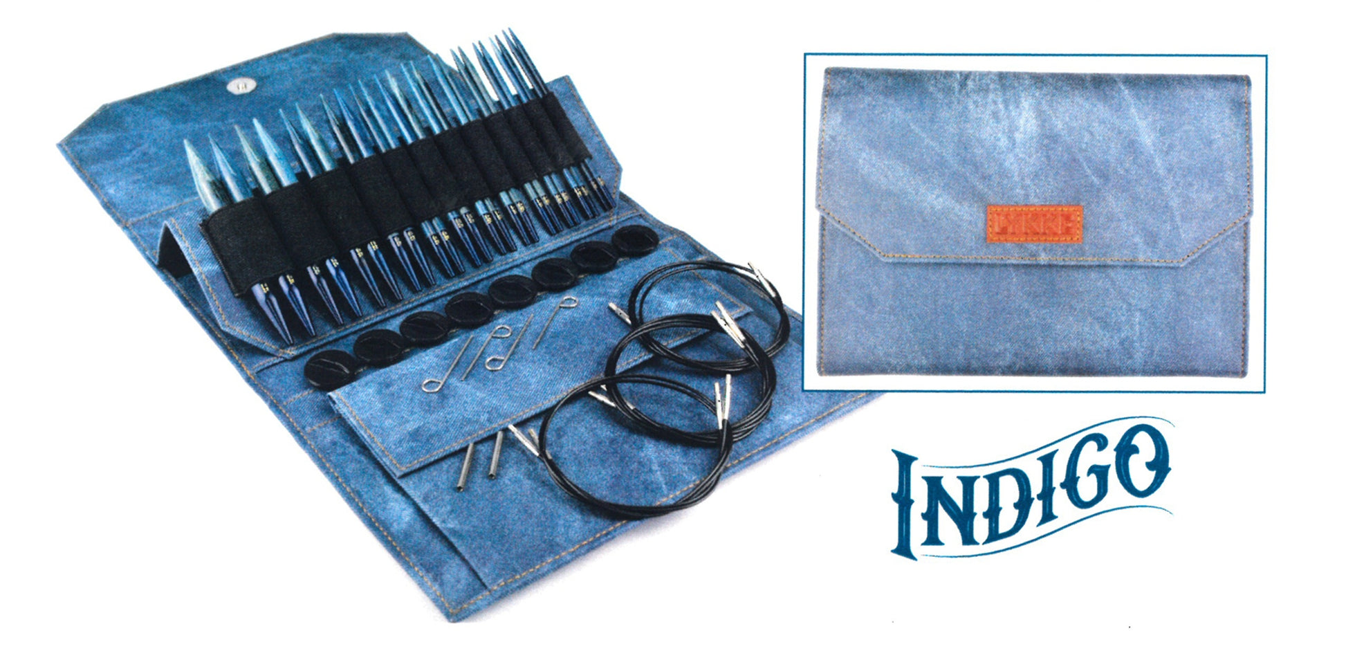 The Lykke Interchangeable Circular Knitting Needle Set, 5", from Knitting Fever / Euro Yarns is open, showcasing various interchangeable knitting needles, accessories, and cables neatly organized inside its blue denim case. An inset shows the closed case adorned with a brown leather tag. The word "Indigo" is stylishly written at the bottom right.