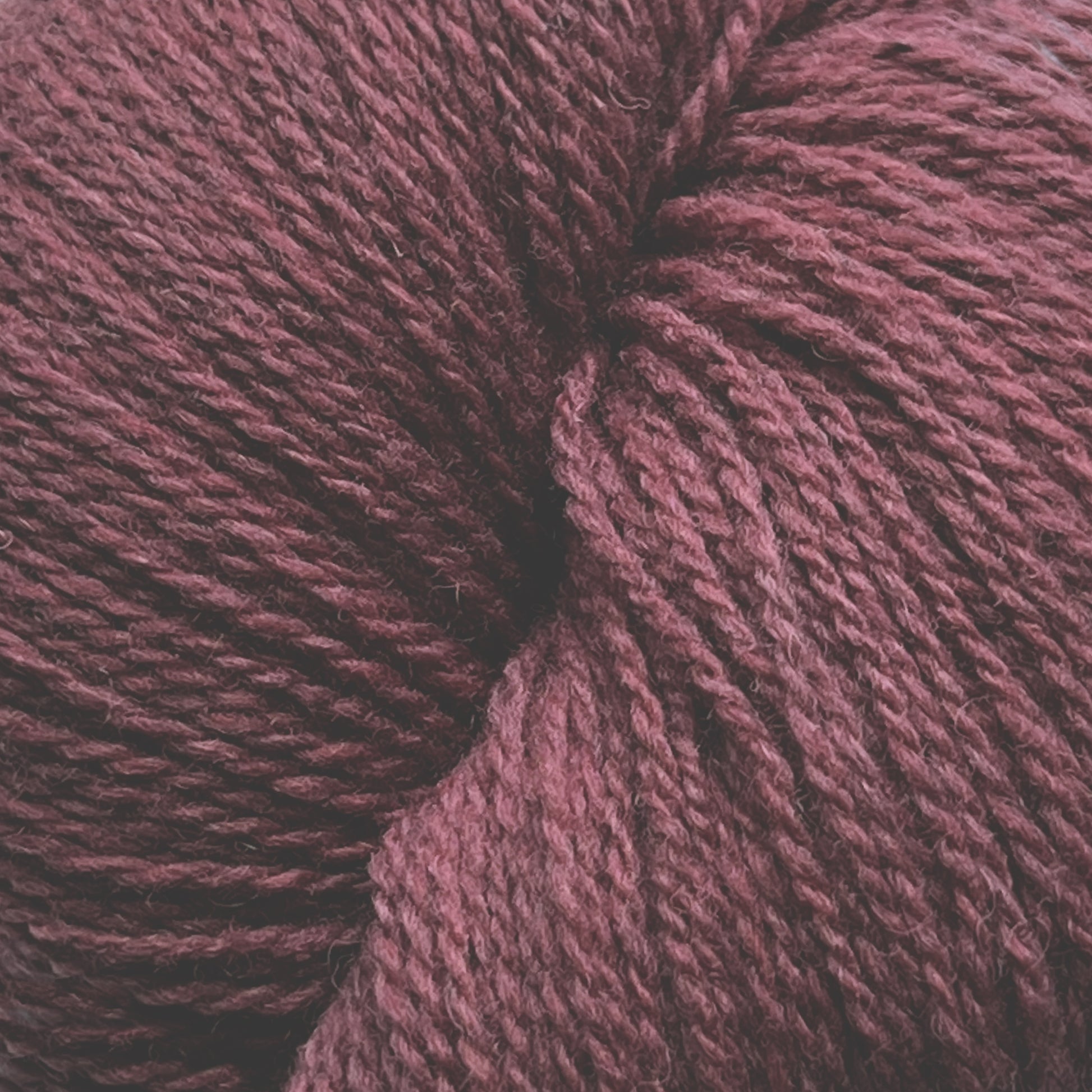 Close-up image of a skein of deep red, textured yarn. The fibrous strands are tightly wound together, showcasing the intricate details and slight variations in shade and texture. Made from Patagonia Organic Merino by Juniper Moon Farm, this sustainable yarn by Knitting Fever / Euro Yarns appears soft and suitable for knitting or crocheting projects.