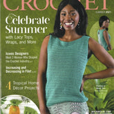 The cover of Interweave Crochet Summer 2021 by Golden Peak Media features a smiling woman dressed in a green crocheted top and pink pants. Featured articles include "Celebrate Summer," "Iconic Designers," "4 Tropical Home Decor Projects," and "14 Summer Tops to Beat the Heat.