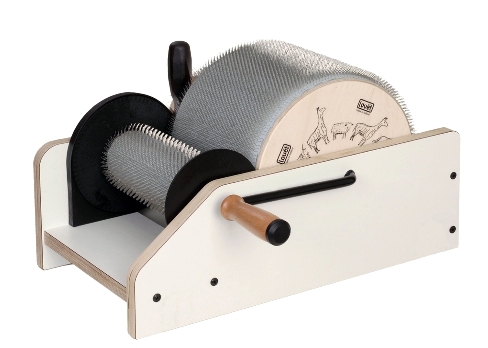 The Louët 8" Classic Drum Carder by Louët Inc. is a drum carder with two rotating cylindrical drums covered in carding cloth, designed for felting wool. It features a wooden base, a crank handle on one side for manual operation, and printed images of animals on one drum.