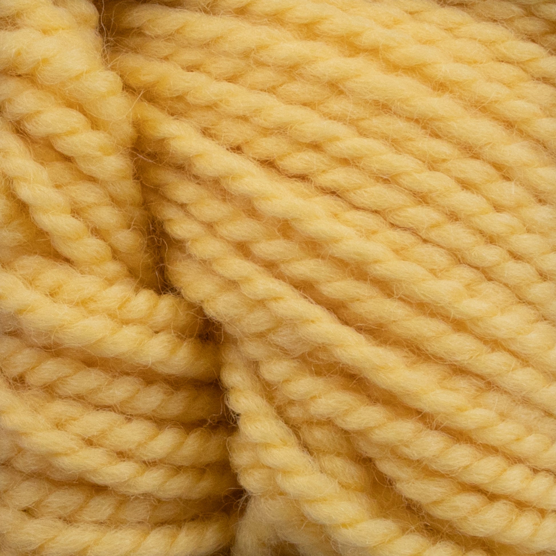 Close-up image of Norumbega, a soft, thick yellow yarn by Caledonian Dye Works, showcasing its tightly twisted strands and slightly fuzzy texture. The 100% U.S. wool yarn appears to be bulky weight, commonly used for knitting or crocheting warm accessories like scarves or blankets.