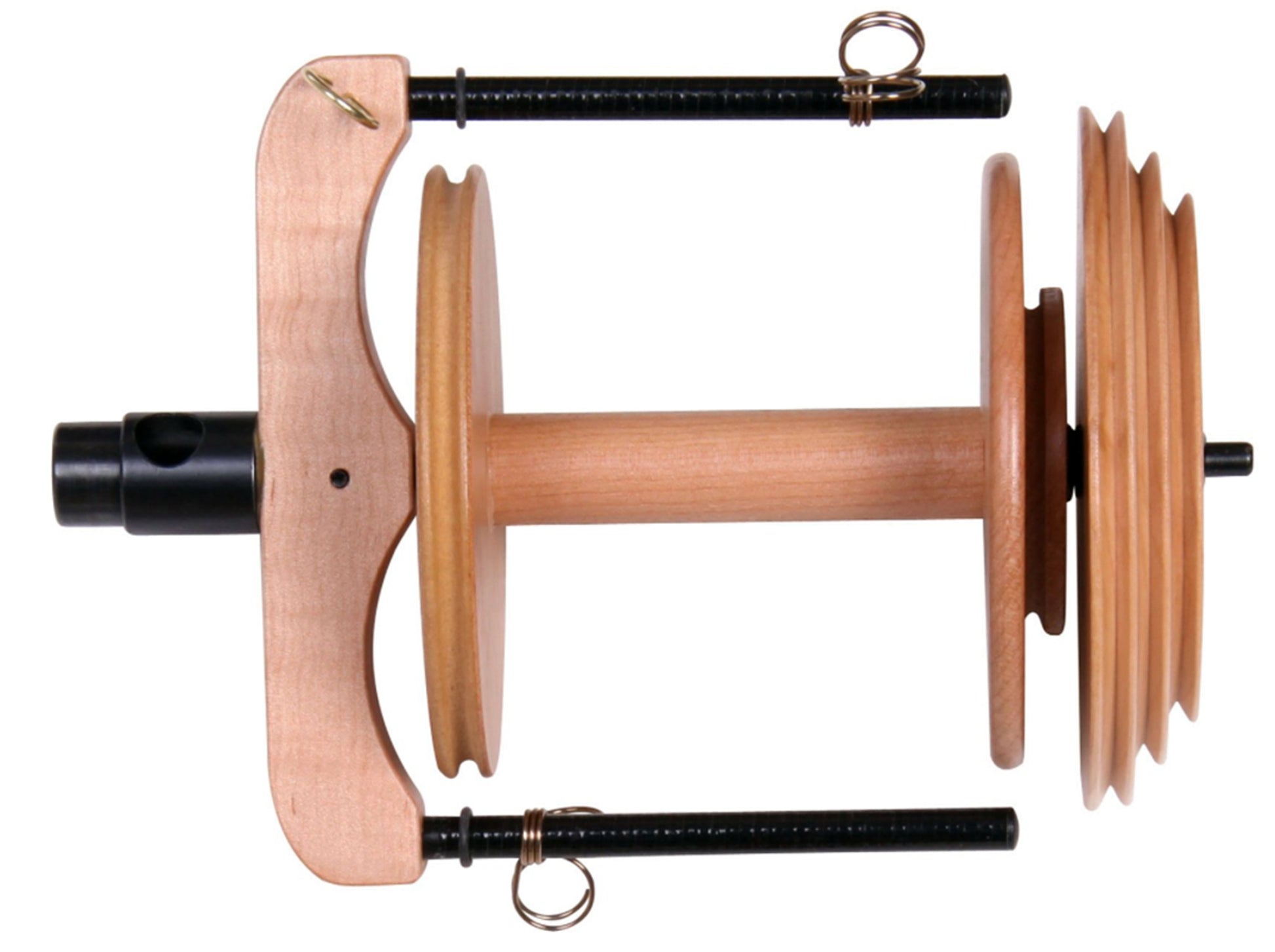 A close-up image of the Ashford Sliding Hook Flyer - Jumbo with Bobbin by Ashford Handicrafts Limited, featuring a horizontal rod with two spools on either end, mounted on a wooden frame. The frame includes two vertical black metal bars with loops at the top.