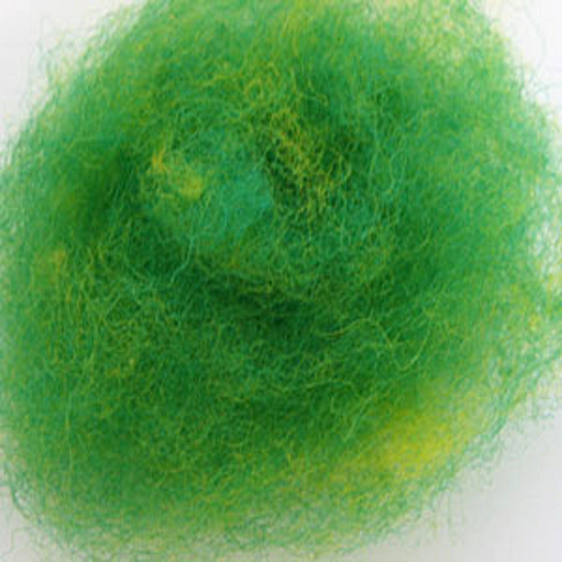 A close-up of a fluffy, tangled ball of green fiber from Harrisville Designs' Dyed & Carded Wool Fiber. The fibers are intertwined, creating a dense and textured appearance with slight variations in the green hue.