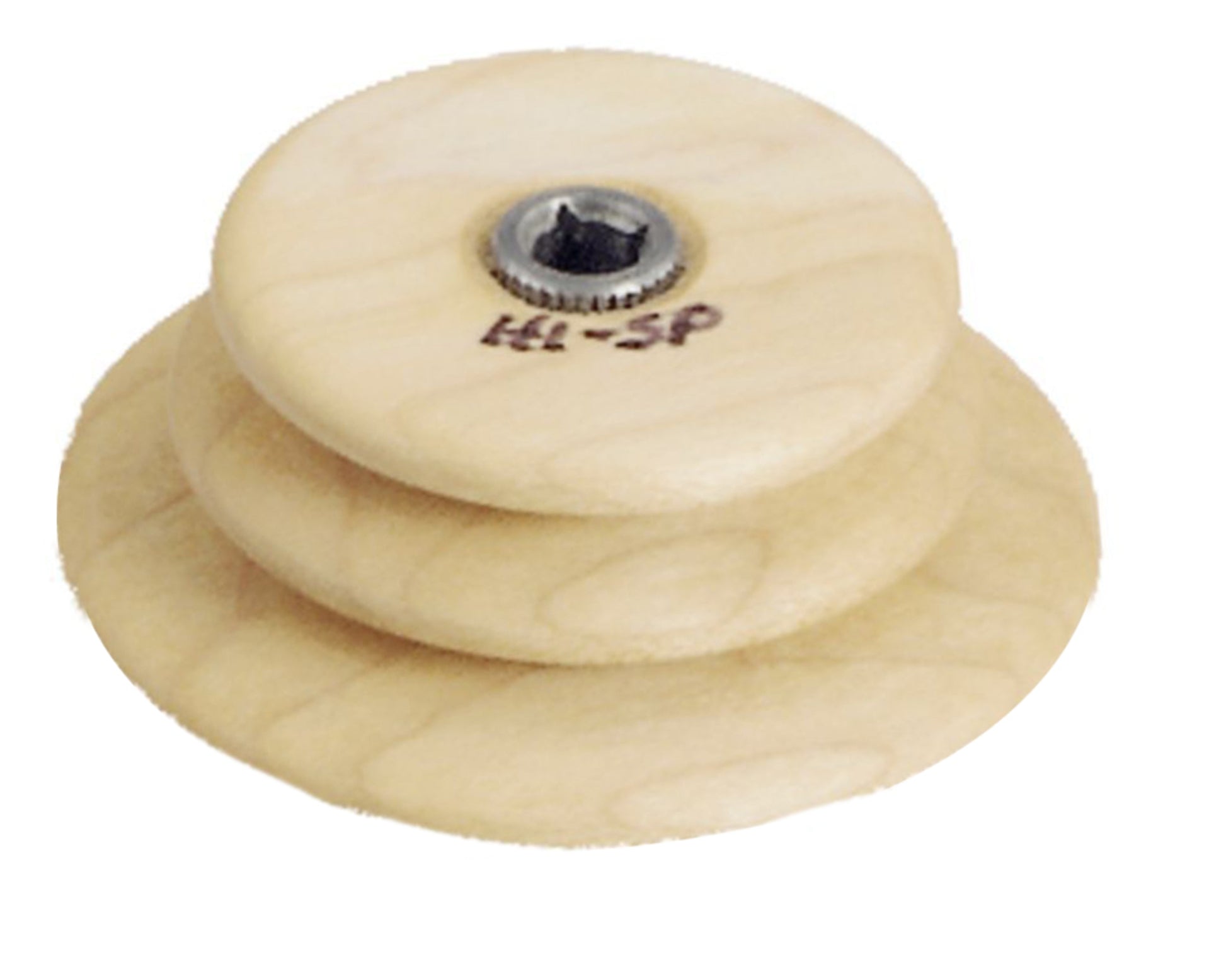 The Schacht Whorl by Schacht Spindle Co. is a light wood pulley consisting of three layers, secured with a central screw. It features a smooth finish and bears the handwritten mark "1+5P.