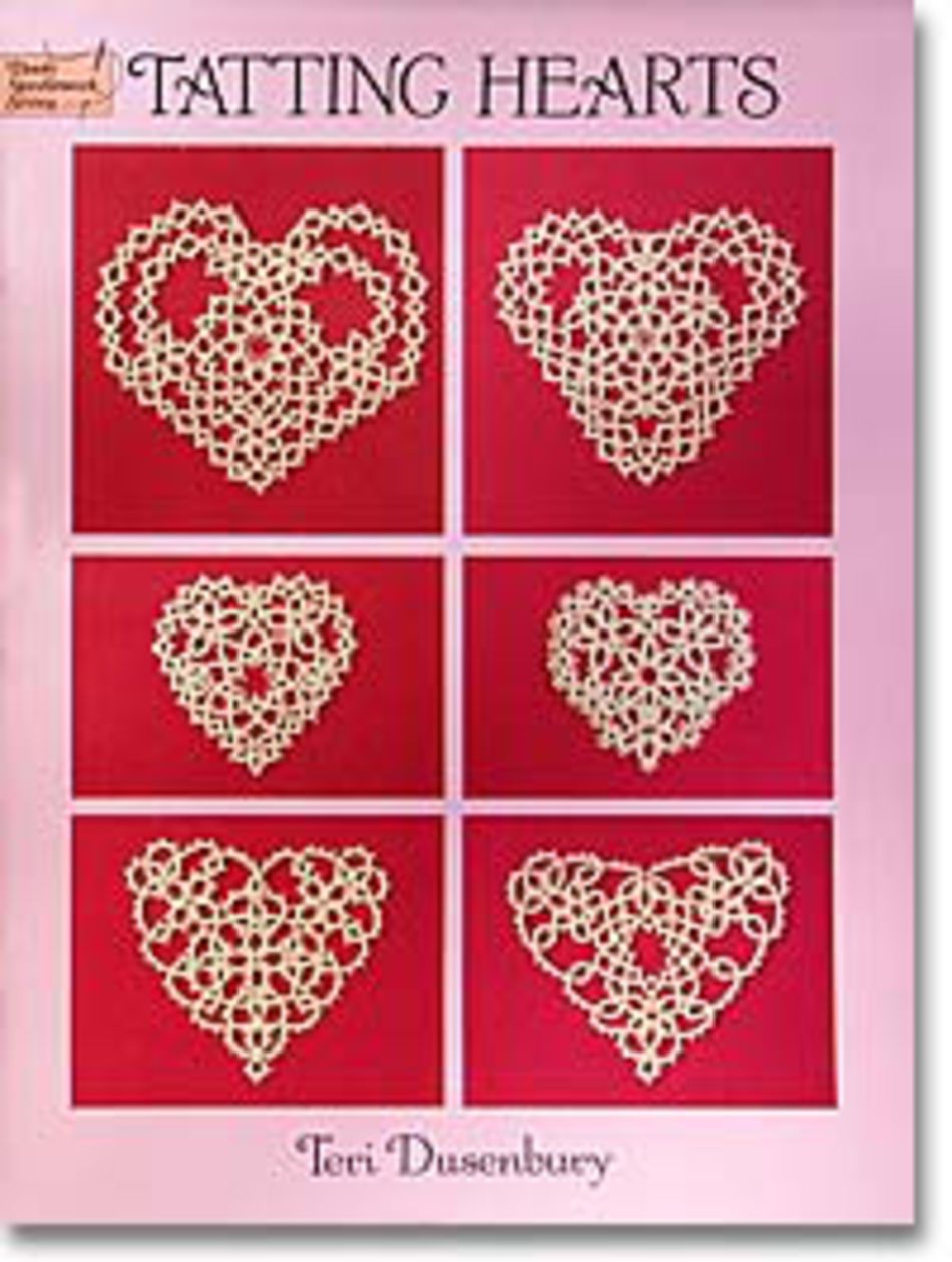 The cover of "Tatting Hearts" by Handy Hands features a pink design adorned with six intricate, romantic lacy heart patterns arranged in a 2x3 grid against a red backdrop. Each heart showcases a unique lace pattern, making it perfect for valentine projects or shuttle tatting enthusiasts.