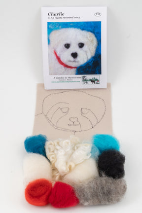 The Thyme Tile Felting Kit by A Wrinkle in Thyme Farm for beginner felters is pictured, including wool roving in various colors, a partially completed needle-felted dog, and a photo of the finished dog labeled "Charlie." The felting mat has a sketched outline of the dog's face.