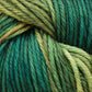 Close-up image of green Malabrigo Rios yarn by Malabrigo Yarn. The yarn is tightly wound, showcasing a blend of various shades, transitioning from light to dark green with hints of yellow. The texture appears soft and slightly fuzzy, highlighting the rich and vibrant kettle-dyed colors.