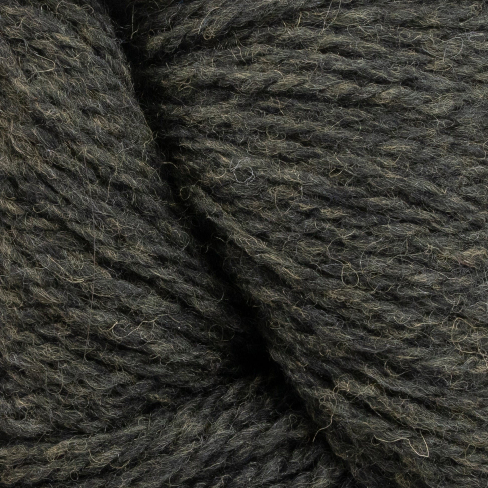 Close-up of Patagonia Organic Merino by Juniper Moon Farm yarn intertwined, showing its texture and fibers. The yarn, by Knitting Fever / Euro Yarns, appears thick and slightly coarse, with a mix of dark and lighter green shades throughout. Made from GOTS certified organic Merino wool, it reflects quality akin to Patagonia's renowned craftsmanship.