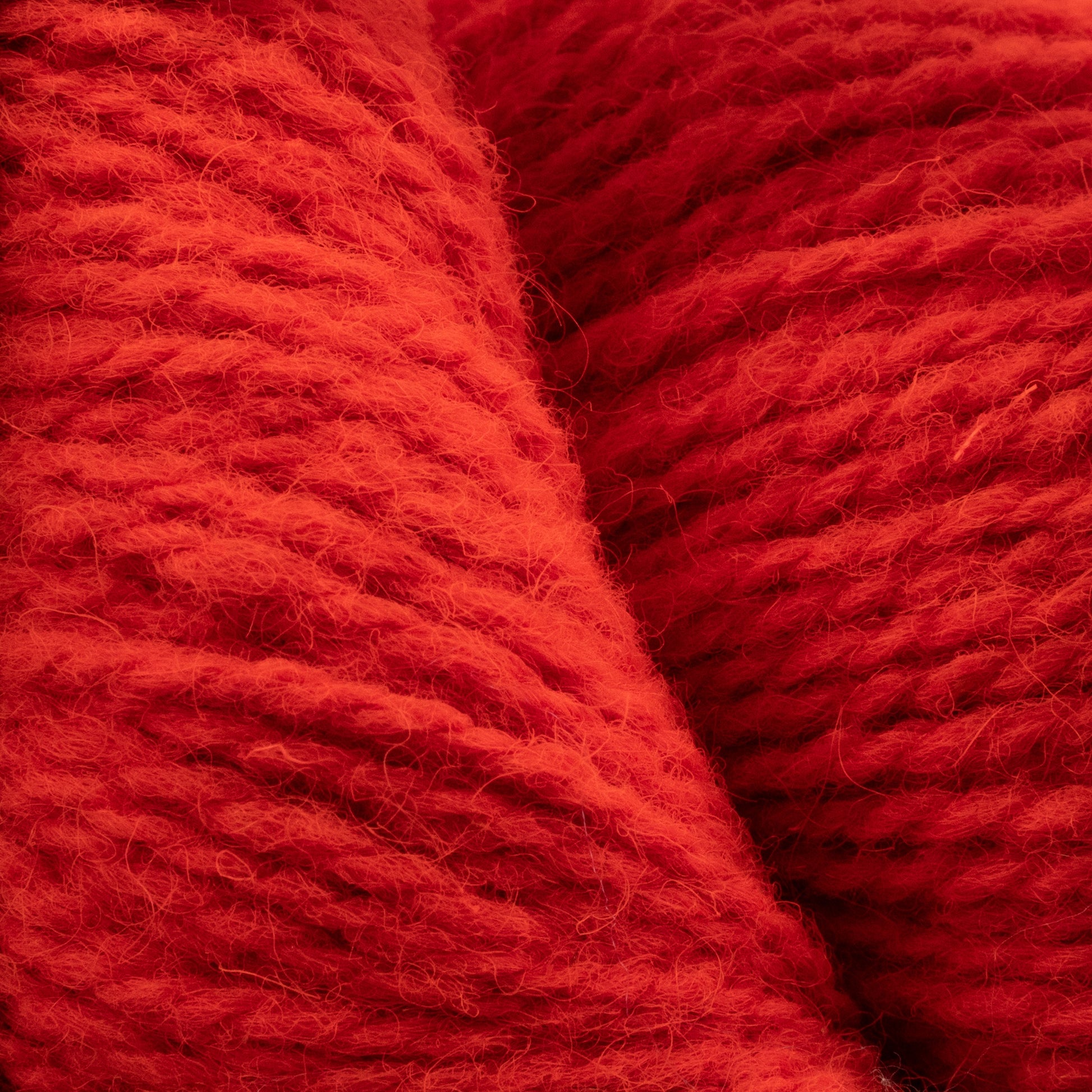 Detailed view of two skeins of Bartlettyarns Maine Wool Yarn in thick, red worsted weight with a slightly fuzzy texture. The fibers exhibit a soft, intertwined appearance, exuding warmth and coziness. These skeins highlight the quality craftsmanship synonymous with Bartlettyarns.