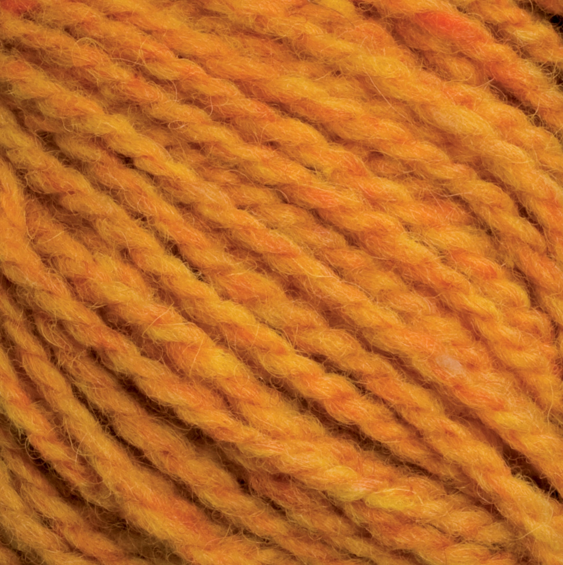 Close-up of Harrisville Shetland Yarn - Unwashed Cones by Harrisville Designs, showing orange and yellow variegated yarn tightly wound in a skein. The texture is fuzzy, with individual fibers clearly intertwined to form a thick, cozy thread ideal for knitting or crocheting lightweight blankets or intricate Fair Isle knitting designs.