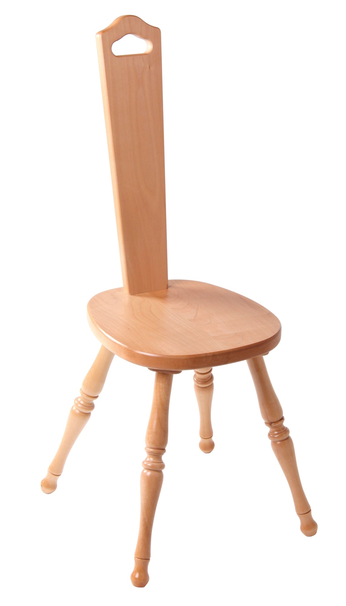 The Ashford Spinning Chair by Ashford Handicrafts Limited is a light, wooden chair crafted from New Zealand Beech. It features a high, rectangular backrest with a handle cutout at the top. The chair boasts a smooth and comfortable seat, supported by four intricately turned legs that lend it a classic, rustic appearance. The background is white.