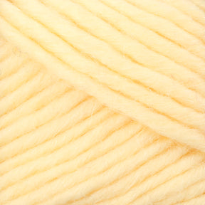 Close-up of Brown Sheep's Lamb's Pride Bulky Yarn, a thick and soft yellow yarn. The yarn is densely packed, showcasing its texture and fibers. Often used by knitters and crocheters, the strands are neatly wound and parallel to each other, highlighting the uniformity and plush quality of the material.