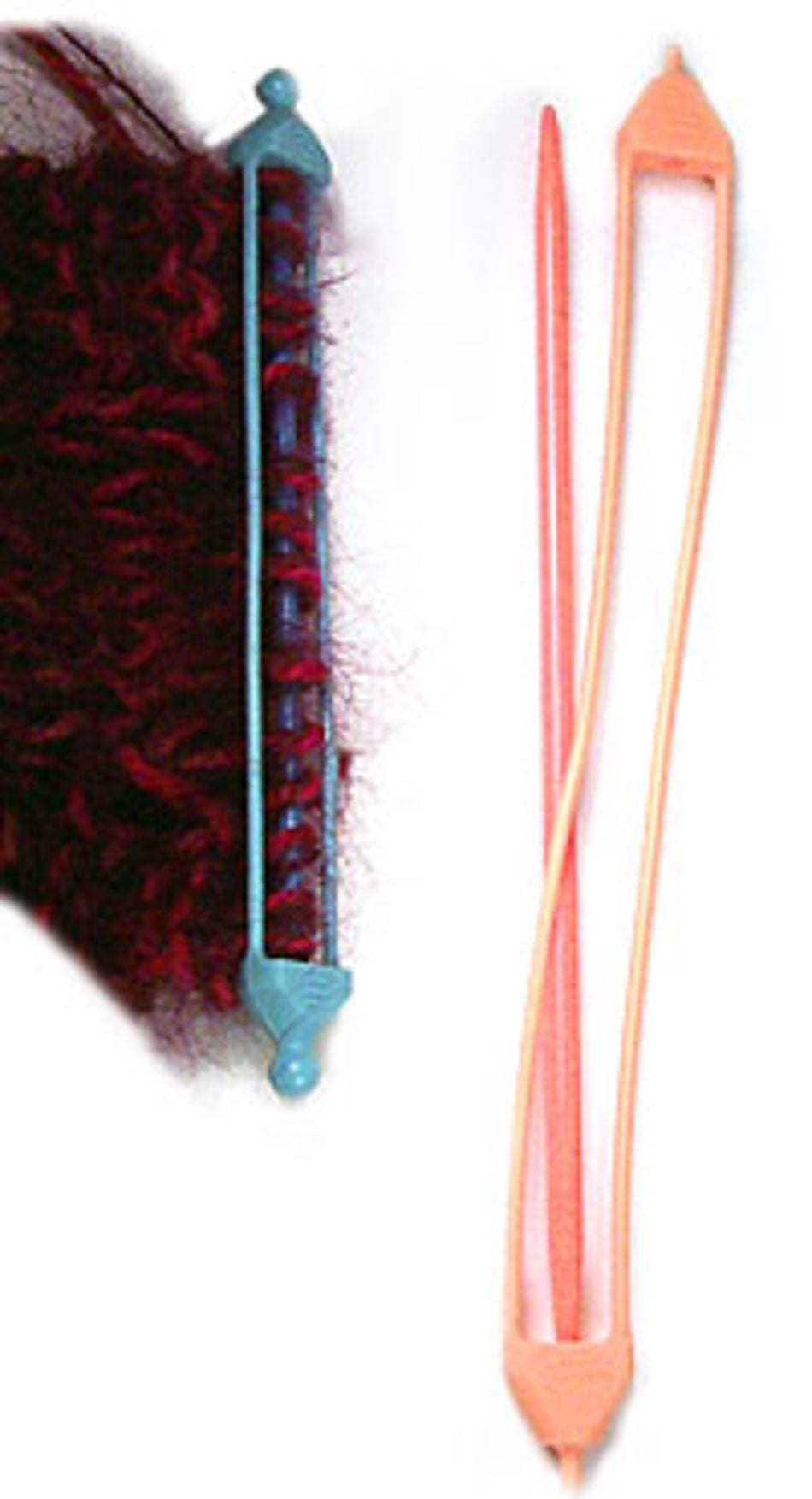 A photo showing two types of hair accessories. On the left, a blue hair curler is entangled with dark curly hair. On the right, Double-Ended Stitch Holders from Bryson Distributing, Inc., tan in color with prong-like arms extending vertically that resemble delicate shoulder stitches. The contrasting tools are displayed side-by-side.