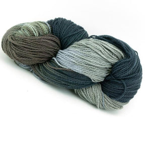 A skein of Great Adirondack Organic DK Cotton yarn by Great Adirondack Yarn Co, Inc. in various shades of green, ranging from light to dark, with a subtle mix of blue and brown tones. The hand-dyed yarn features variegated colors, twisted into an oval shape and placed on a white background.