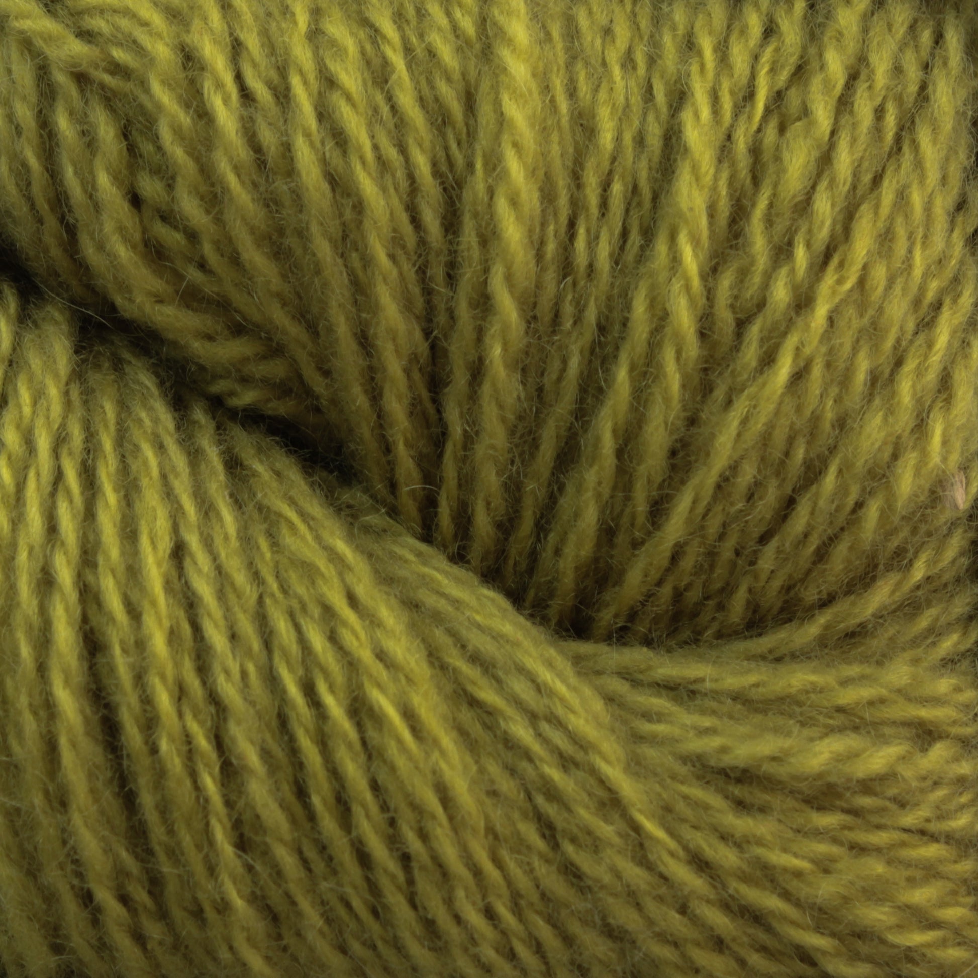 Close-up photo of a skein of Jade Sapphire Cashmere 2-Ply yarn from Jade Sapphire Exotic Fibres in a warm olive green color, showcasing the soft, slightly fuzzy texture of the fibers. The yarn appears thick and tightly wound, ideal for knitting or crocheting finely knit sweaters or woven accessories.