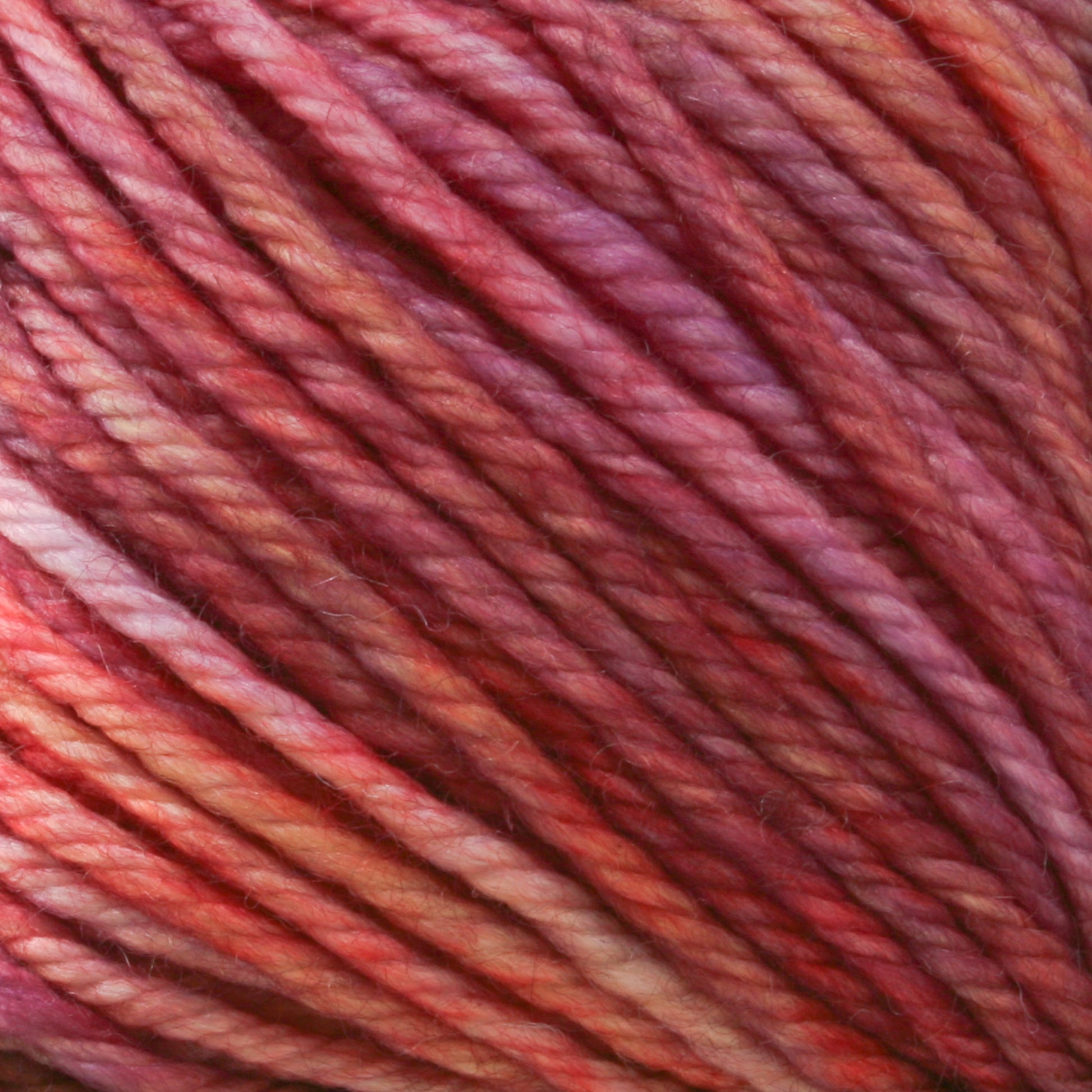 Close-up of a skein of Malabrigo Rios yarn from Malabrigo Yarn, showcasing variegated colors that transition smoothly from shades of pink to purple. This superwash yarn features a soft texture and a slightly shiny appearance, with kettle-dyed hues blending seamlessly into one another.