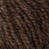 A close-up image of Bartlettyarns’ Bartletts Maine Wool - Sport in dark brown. The texture is clearly visible, highlighting the individual fibers and distinct twist of the strands. This sport-weight wool has a natural, slightly coarse appearance with subtle hints of lighter fibers interspersed throughout.