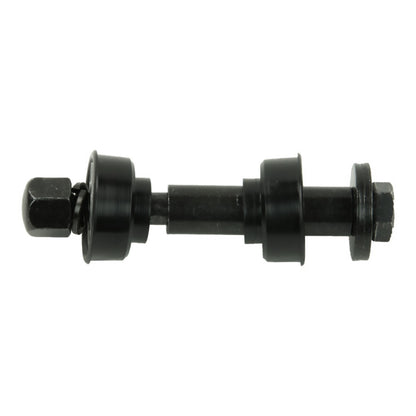 The Louët Spinning Wheel Main Bolt by Louët Inc. is a black, cylindrical tool featuring a bolt on one end and a nut on the other, with a central shaft that includes two large spacers. This mechanical part appears suitable for automotive or industrial applications, displayed against a white background.