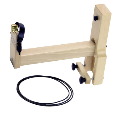 A Louët Victoria Art Yarn Flyer Head Conversion Kit, featuring an adjustable arm with knobs for altering string lengths and settings, is used alongside a circular black string material designed for making or repairing bowstrings.