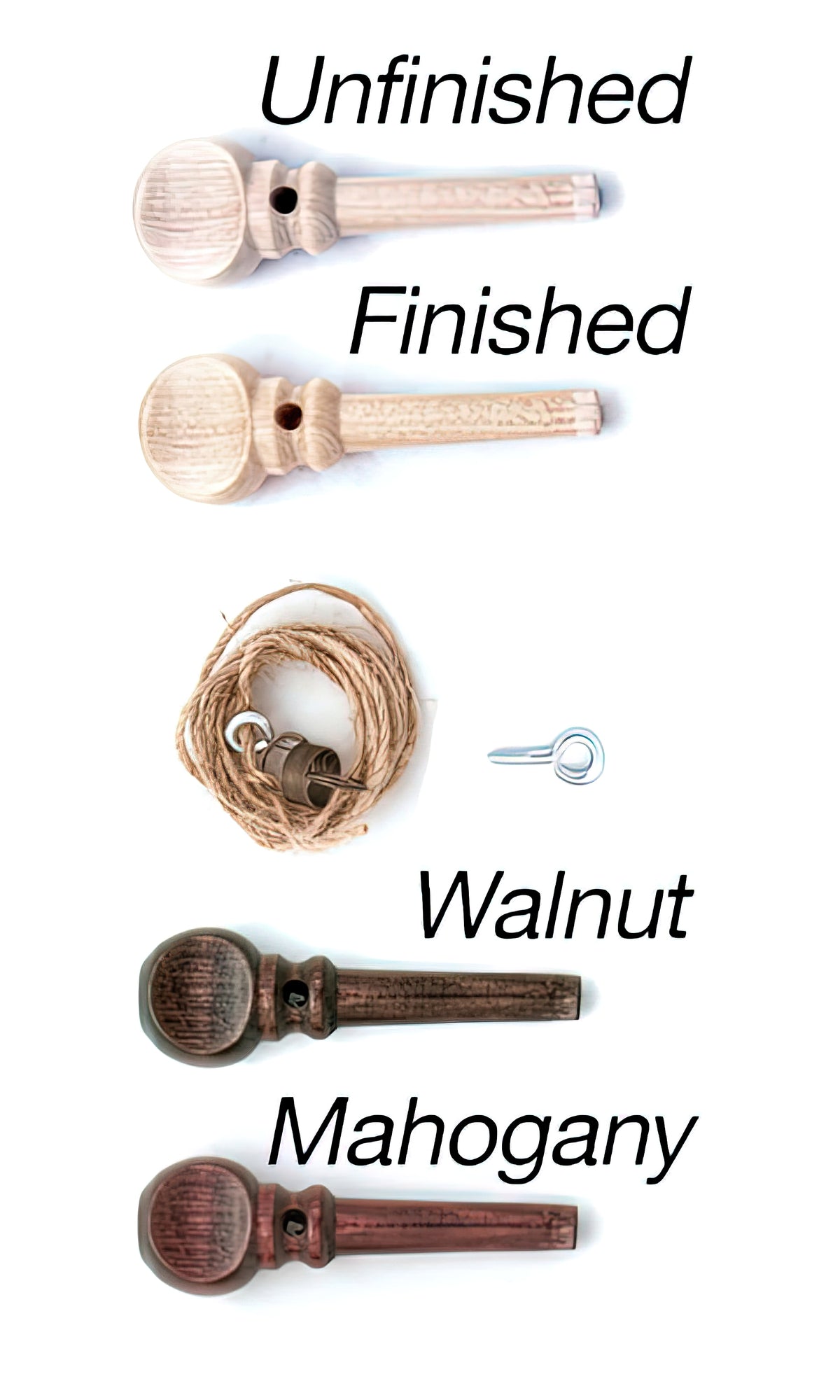 A comparison image of wooden pegs showcasing various states and types. The top row displays "Unfinished" vs. "Finished" pegs. The middle row features a coil of hemp string, two metal eye screws, and a small hook from the Kromski North America Brake Band Set. The bottom row contrasts "Walnut" vs. "Mahogany" wooden pegs, perfect for Kromski spinning wheel enthusiasts.