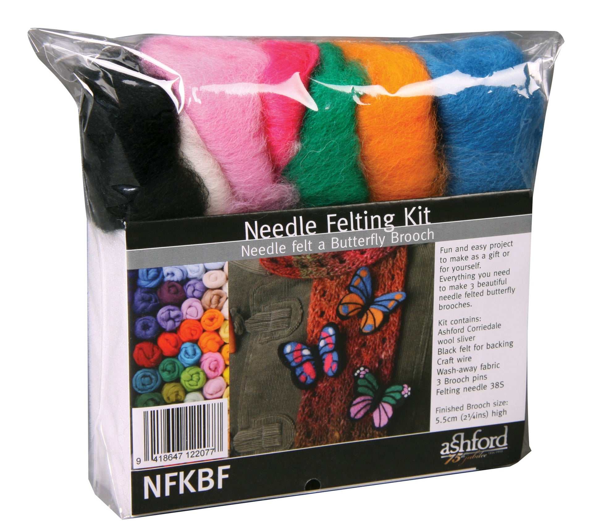 The Ashford Needle Felting Kit by Ashford Handicrafts Limited allows you to create a butterfly brooch. The kit includes multicolored wool (black, white, pink, red, green, blue, orange), instructions, wash-away fabric, lace, 3 brooch pins, and a needle felting needle. All items are packaged in clear plastic.