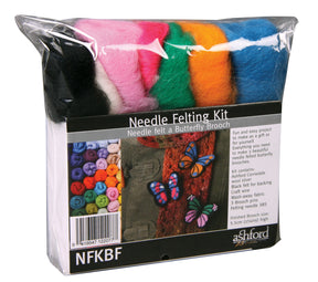 The Ashford Needle Felting Kit by Ashford Handicrafts Limited allows you to create a butterfly brooch. The kit includes multicolored wool (black, white, pink, red, green, blue, orange), instructions, wash-away fabric, lace, 3 brooch pins, and a needle felting needle. All items are packaged in clear plastic.