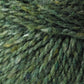 Close-up image of green Jo Sharp Silkroad DK Tweed yarn from Kingfisher Yarn & Fibre, twisted into strands. The texture appears soft and slightly fuzzy, with various shades of green, ranging from light to dark, giving it a natural, heathered appearance.