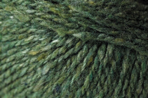 Close-up image of green Jo Sharp Silkroad DK Tweed yarn from Kingfisher Yarn & Fibre, twisted into strands. The texture appears soft and slightly fuzzy, with various shades of green, ranging from light to dark, giving it a natural, heathered appearance.