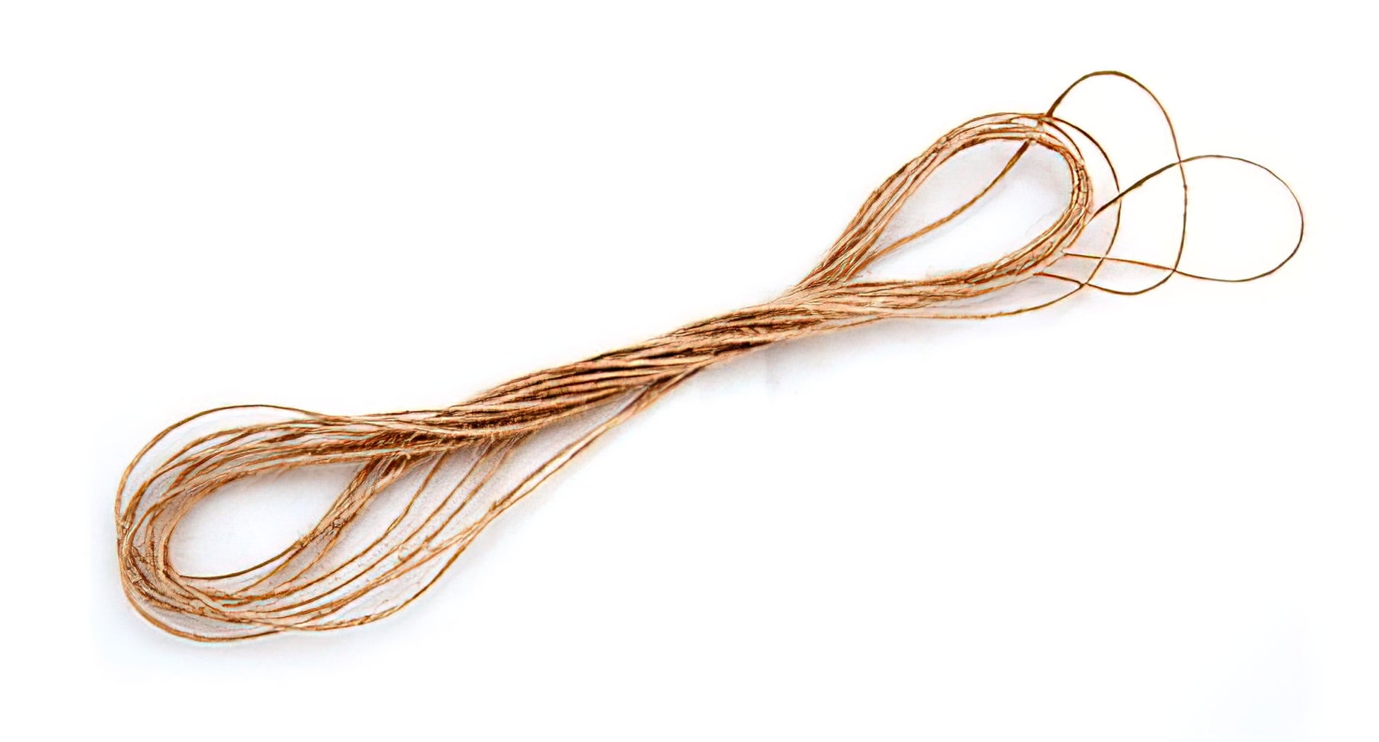 A coiled length of Kromski North America's thin, brown drive band arranged in a figure-eight shape against a white background. The color and texture suggest it is made from natural hemp, ideal for use on your Kromski spinning wheel.