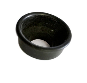 A small, black rubber Louët Ball Bearing cup for wheels and some looms, featuring a cylindrical shape and a hollow center, is ideal for Louët equipment. This component has a slightly flared flange on one end, and its surface appears smooth and unblemished. It is pictured against a white background.
