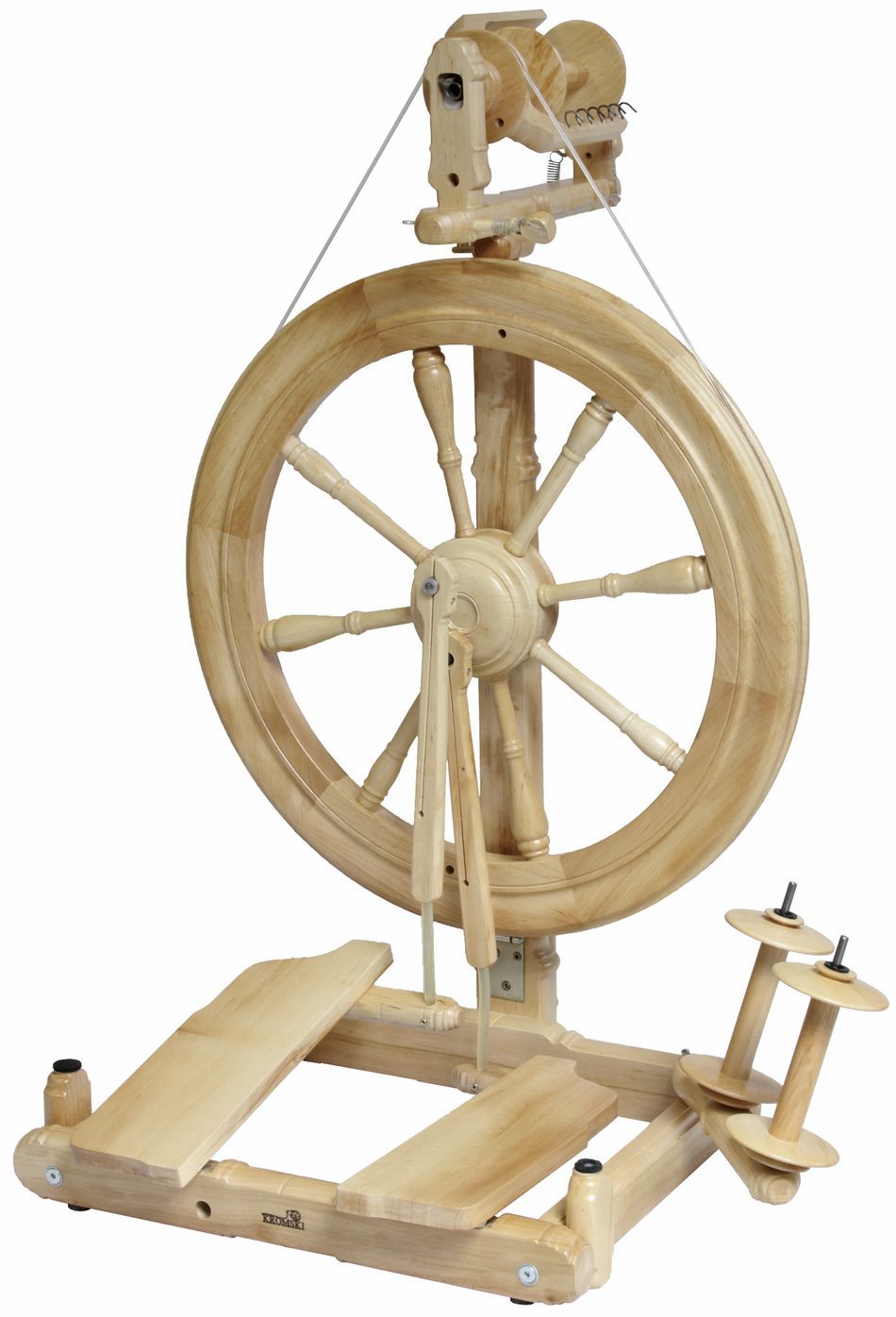 The Kromski Sonata Double-Treadle Spinning Wheel from Kromski North America is a portable spinning wheel featuring a large circular wheel with multiple spokes, a double foot pedal, and a holder for yarn. Reminiscent of traditional Kromski designs, it boasts light-colored wood and intricate craftsmanship, including all the essential components to spin fibers into yarn.