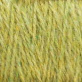 Close-up of Harrisville Designs' Harrisville Shetland Yarn - Unwashed Cones in a soft, yellowish-green hue. The twisted strands reveal shades of yellow, green, and hints of white, creating a textured and slightly fuzzy appearance. Ideal for Fair Isle knitting projects and lightweight blankets, the image showcases the detailed fibers and consistent thickness.