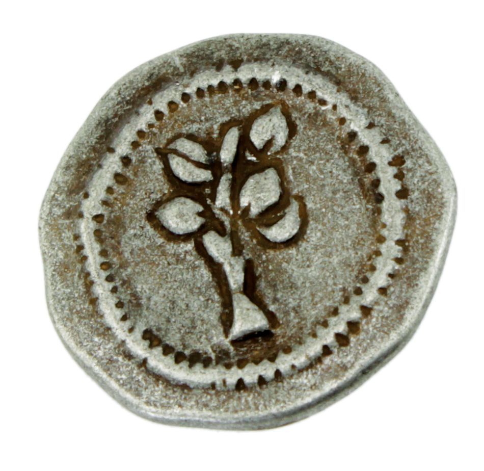 Ancient silver button featuring an embossed image of the Tree of Life with branches and leaves. The button, crafted from antiqued metal by Dill Buttons of America, Inc, has a circular shape with a slightly irregular edge and a dotted border around the central tree design.