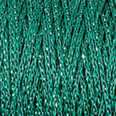 Close-up image of Chainette Metallic Yarn | Large Cone by Plymouth Yarn Co. in green, showcasing a textured, wavy knitted fabric. The yarn threads intertwine to create a dense, intricate design reminiscent of chainette. Small gaps between the threads give a peek at the background, adding depth and highlighting the subtle shimmer of this metallic yarn.