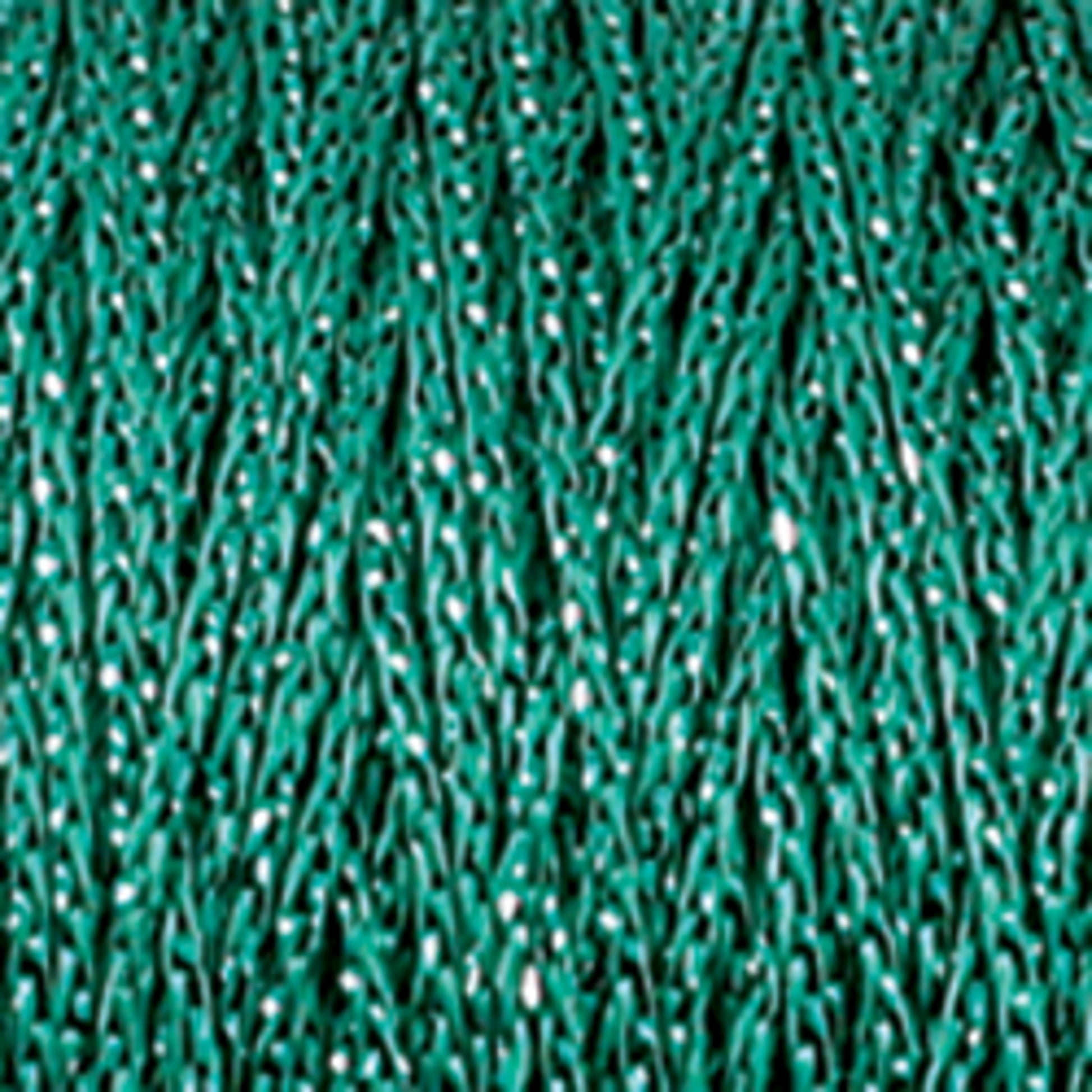 Close-up image of Chainette Metallic Yarn | Large Cone by Plymouth Yarn Co. in green, showcasing a textured, wavy knitted fabric. The yarn threads intertwine to create a dense, intricate design reminiscent of chainette. Small gaps between the threads give a peek at the background, adding depth and highlighting the subtle shimmer of this metallic yarn.