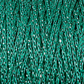 Close-up image of Chainette Metallic Yarn | Large Cone by Plymouth Yarn Co. in green, showcasing a textured, wavy knitted fabric. The yarn threads intertwine to create a dense, intricate design reminiscent of chainette. Small gaps between the threads give a peek at the background, adding depth and highlighting the subtle shimmer of this metallic yarn.