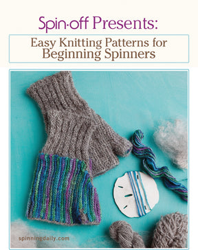 A cover image of a knitting guide titled "Spin-Off Presents: Easy Knitting Patterns for Beginner Spinners: eBook Printed" by Long Thread Media. The cover features knitted gray and colorful swatches, some yarn, and spinning fiber against a blue background. The website "spinningdaily.com" is noted at the bottom.