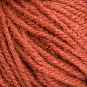 A close-up of several thick, textured strands of Halcyon Deco Rug Wool by Caledonian Dye Works reveals the rich red-orange yarn tightly woven together. The fibers exhibit a fuzzy yet cohesive appearance, and the 100% wool material boasts a rich and soft texture, making it perfect for versatile knitting or crafting Deco rug projects.