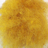 A close-up image showing a fluffy bundle of yellow fibers, reminiscent of Harrisville Designs' Harrisville Dyed & Carded Wool Fiber. The texture appears soft and light, with the fibers intertwining loosely. The background is plain and light-colored, highlighting the vivid yellow of the material.