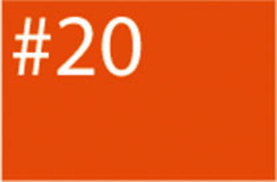 A solid orange rectangle with the number "#20" written in large white font in the top left corner, created using Jacquard Products' Procion Dye for cellulose and silk materials.