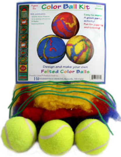 Image of the Felted Color Ball Kit by Friendly Loom. The kit, named Harrisville, contains colorful felted balls along with materials for designing your own creations. The package features three felted balls in red, blue, and yellow colors, alongside three tennis balls and various colored wool fleece strands. It's perfect for crafting or as a juggling kit!