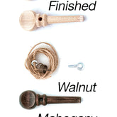 A comparison image showcasing the different states and types of wooden pegs included in the Brake Band Set for most Kromski spinning wheels from Kromski North America. From top to bottom: an unfinished wooden peg, a finished wooden peg with hemp string and a small hook, a walnut-stained wooden peg, and a mahogany-stained wooden peg.