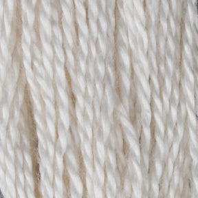 Close-up image of the 2/5 Natural Silk Yarn | Mini-cone by Henry's Attic. The white yarn strands, appearing soft and twisted, boast a slightly glossy texture reminiscent of natural silks. The image showcases the fine detail and individual fibers, emphasizing the smooth and even consistency of this premium silk yarn, making it ideal for dyeing projects.