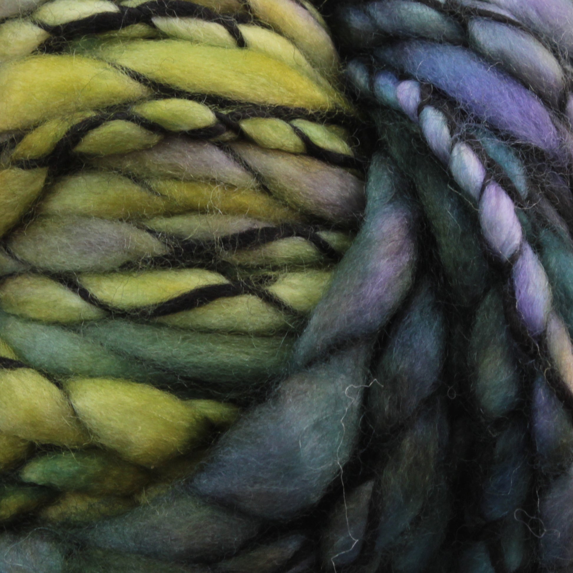 Close-up of Malabrigo Caracol twisted, multicolored yarn featuring hues of green, yellow, black, and purple. The superwash merino wool fibers from Malabrigo Yarn are tightly woven together and kettle-dyed, showcasing a mix of vibrant and muted tones that blend seamlessly into each other.