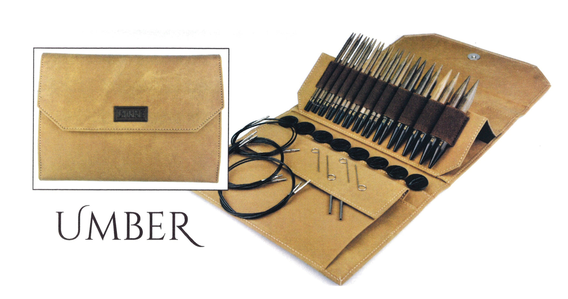 A tan leather knitting needle case is open, revealing various Lykke Interchangeable Circular Knitting Needle Sets, 5", cables, and accessories neatly organized inside. Inset shows the case closed with the brand name "Knitting Fever / Euro Yarns" on the front. The word "Lykke" is also prominently displayed in the foreground.