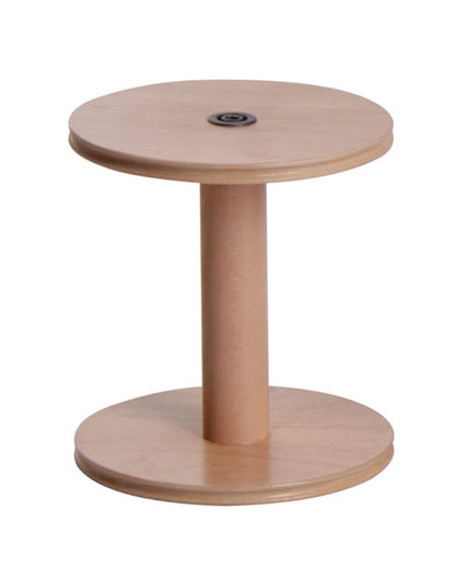 The Ashford Kiwi Super Flyer Bobbin by Ashford Handicrafts Limited is a small round table repurposed from a wooden cable spool, featuring a cylindrical central support. The tabletop and base are both circular, crafted entirely from smooth, light-colored wood.