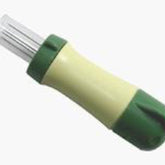 A Clover Needle Felting Tool by Accessories Unlimited features a green and beige design, complete with a protective sleeve. This tool boasts a cylindrical handle with a green cap on one end and a clear cover over the needles at the other end.