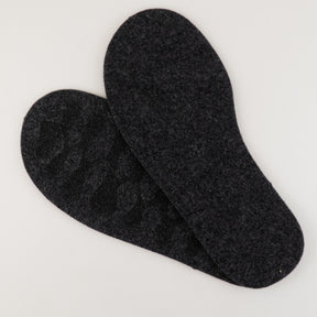 A pair of Joe's Toes Adult's Thick Felt Slipper Soles w/Latex Grip in dark gray, displayed on a light background. The insoles are slightly overlapping, with the top insole revealing its bottom side and the bottom one showing its top side. Ideal for an eco-friendly wool knit project or to enhance your favorite shoes.